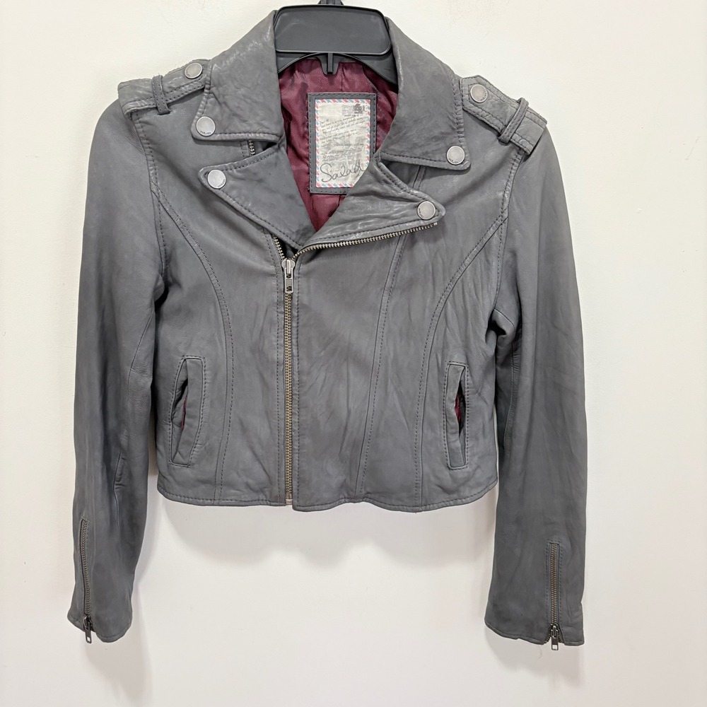 Salad Moto Biker Lamb Nappa Leather Jacket  Women Gray Small Zip